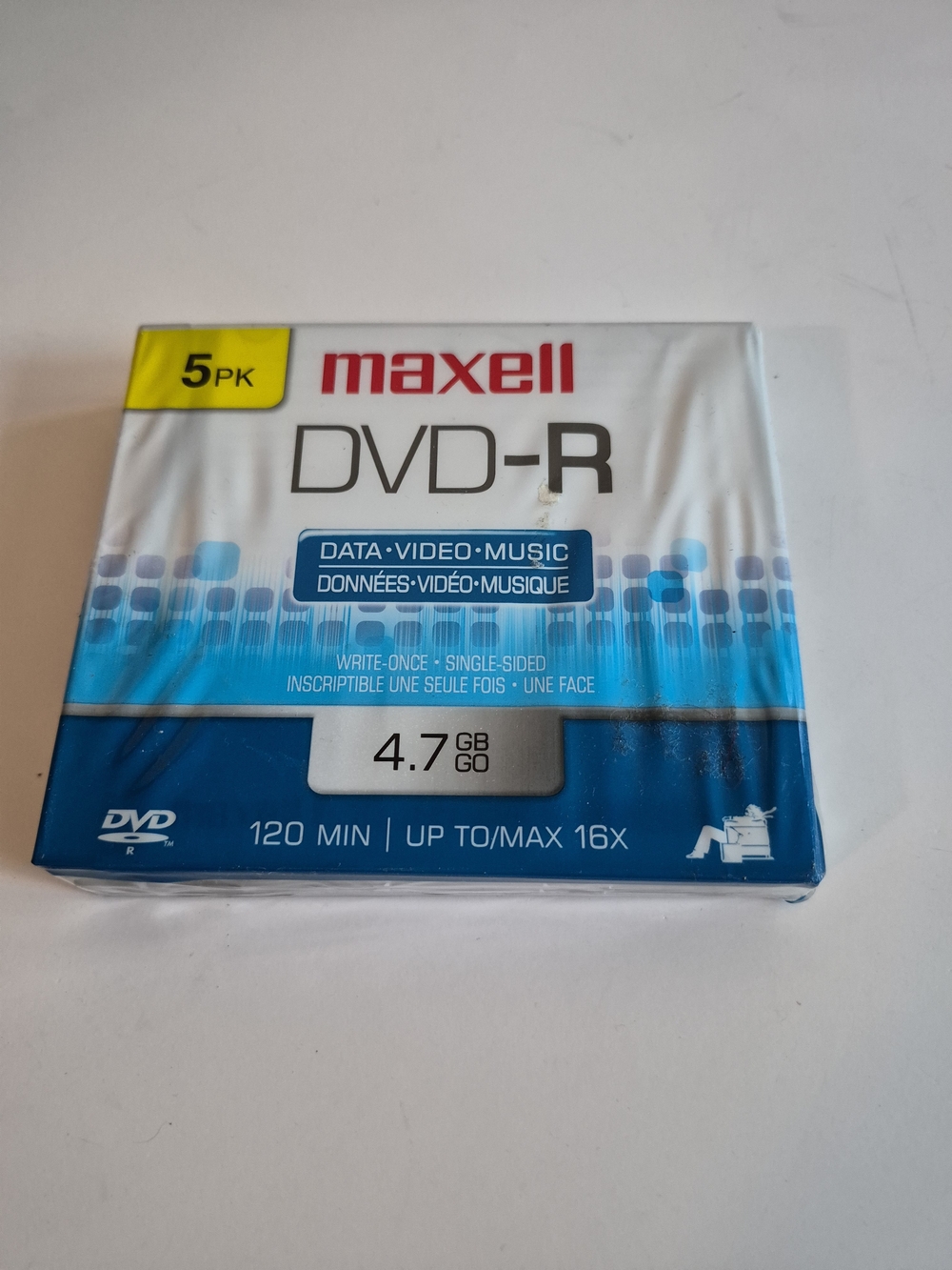 New Sealed Maxell DVD-R 4.7GB 5-Pack — White and Blue